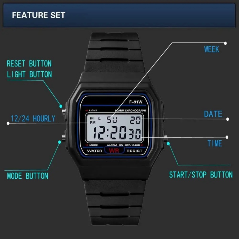 Электронные часы F-91W LED для – обзор и цена Outdoor Sport Watch